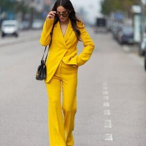 Zara Set Double Breasted Blazer Sz S +Flared Pants M Yellow.  SZ XS